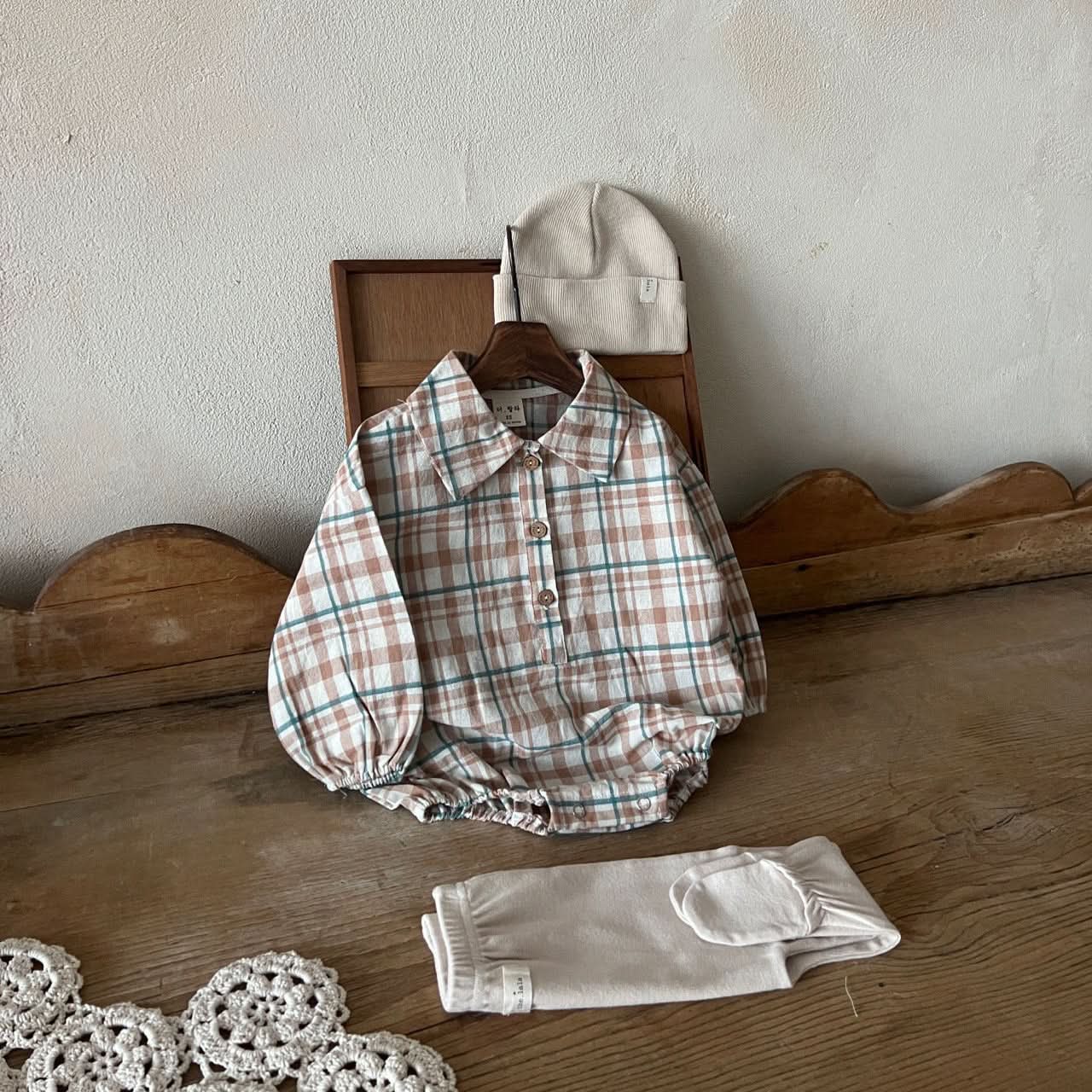 Baby Lala Spring Flannel Shirt Romper (0 - 24m) - Beige kids outfit