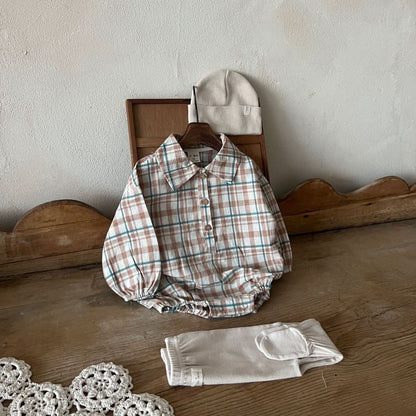 Baby Lala Spring Flannel Shirt Romper (0 - 24m) - Beige kids outfit
