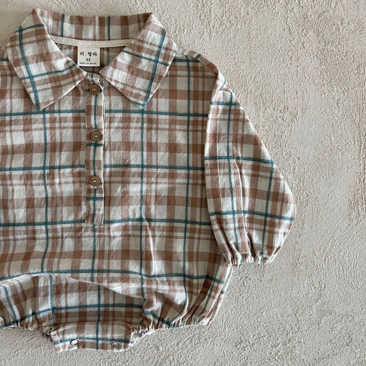 Baby Lala Spring Flannel Shirt Romper (0 - 24m) - Beige kids outfit