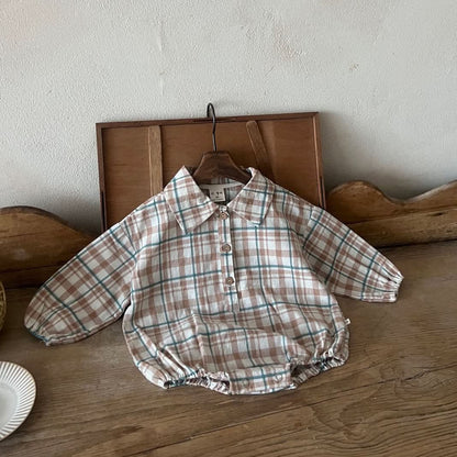Baby Lala Spring Flannel Shirt Romper (0 - 24m) - Beige kids outfit