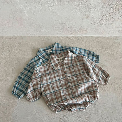 Baby Lala Spring Flannel Shirt Romper (0 - 24m) - Beige kids outfit