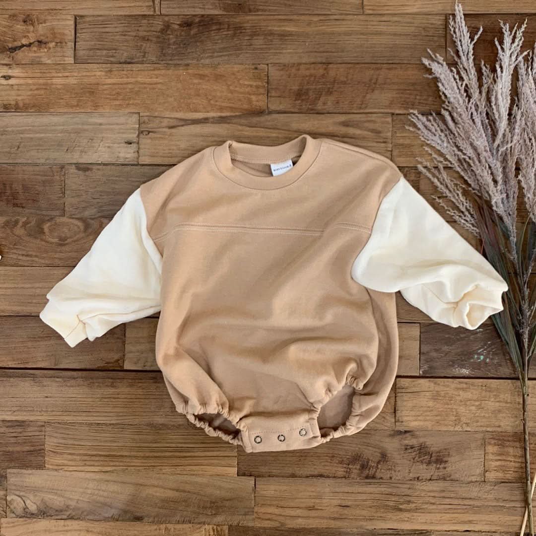 Baby Long Sleeve Colorblock Romper (0-24m) - Beige kids outfit