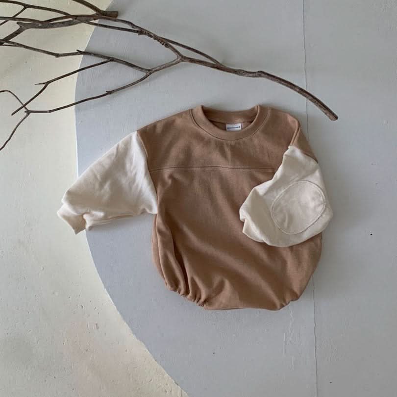 Baby Long Sleeve Colorblock Romper (0-24m) - Beige kids outfit