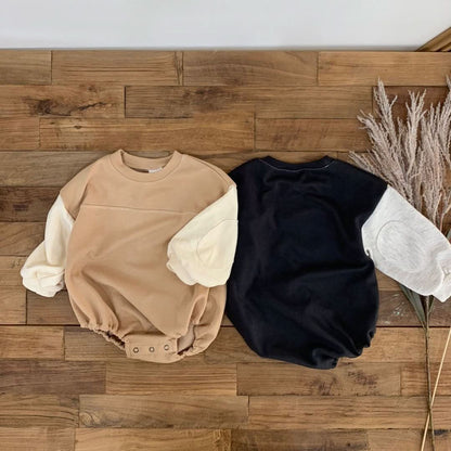 Baby Long Sleeve Colorblock Romper (0-24m) - Beige kids outfit