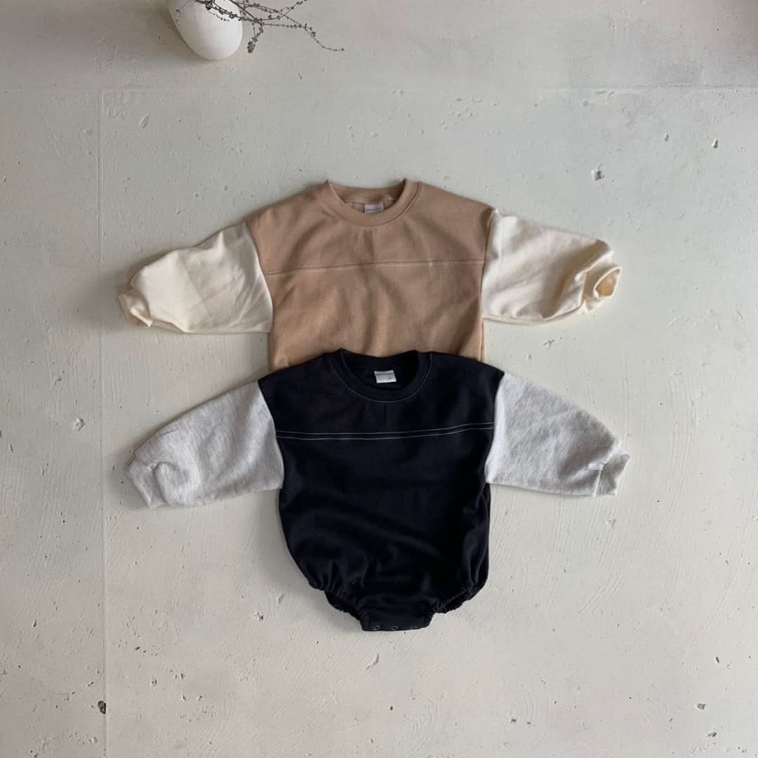Baby Long Sleeve Colorblock Romper (0-24m) - Beige kids outfit