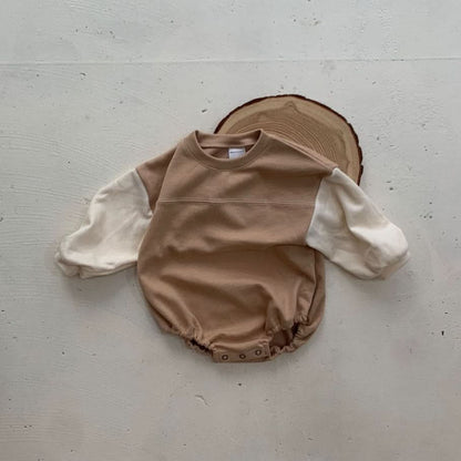 Baby Long Sleeve Colorblock Romper (0-24m) - Beige kids outfit
