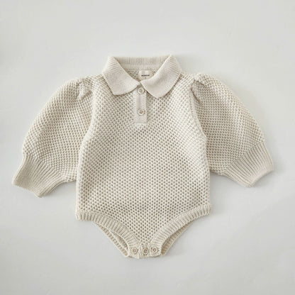Baby Monbebe Puff Sleeve Sweater Romper (6 - 24m) - Cream kids outfit