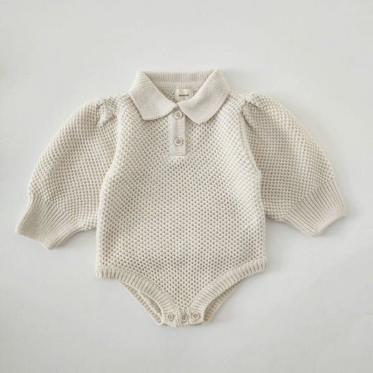 Baby Monbebe Puff Sleeve Sweater Romper (6 - 24m) - Cream kids outfit