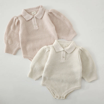 Baby Monbebe Puff Sleeve Sweater Romper (6 - 24m) - Cream kids outfit