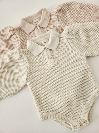 Baby Monbebe Puff Sleeve Sweater Romper (6 - 24m) - Cream kids outfit