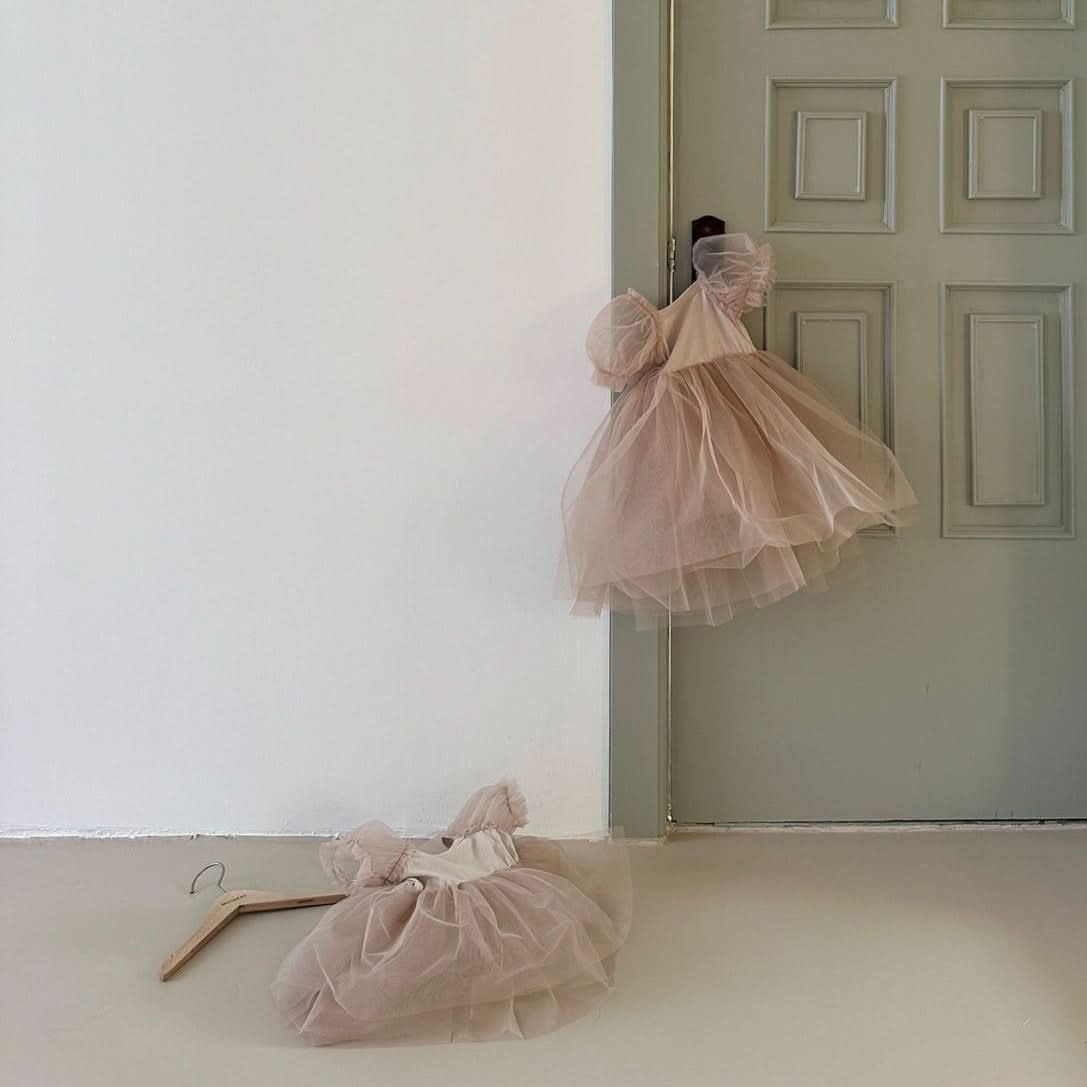 Baby Monbebe Short - Puff Sleeved Tutu Dress Romper (3 - 24m) - Beige Pink kids outfit