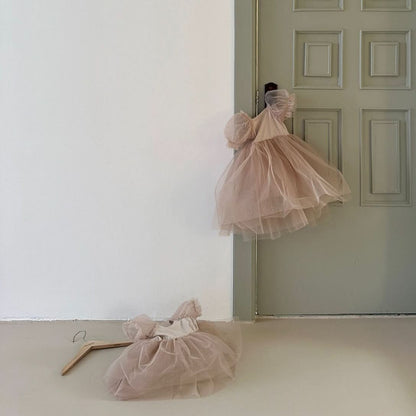 Baby Monbebe Short - Puff Sleeved Tutu Dress Romper (3 - 24m) - Beige Pink kids outfit