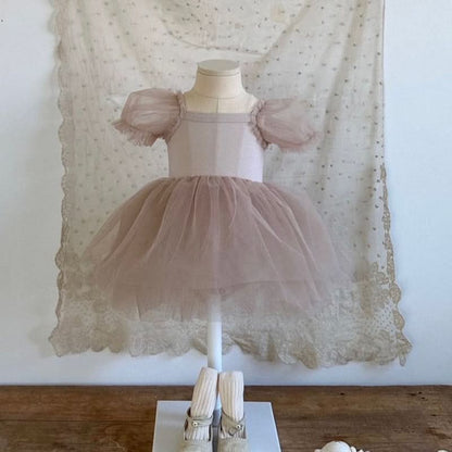 Baby Monbebe Short - Puff Sleeved Tutu Dress Romper (3 - 24m) - Beige Pink kids outfit