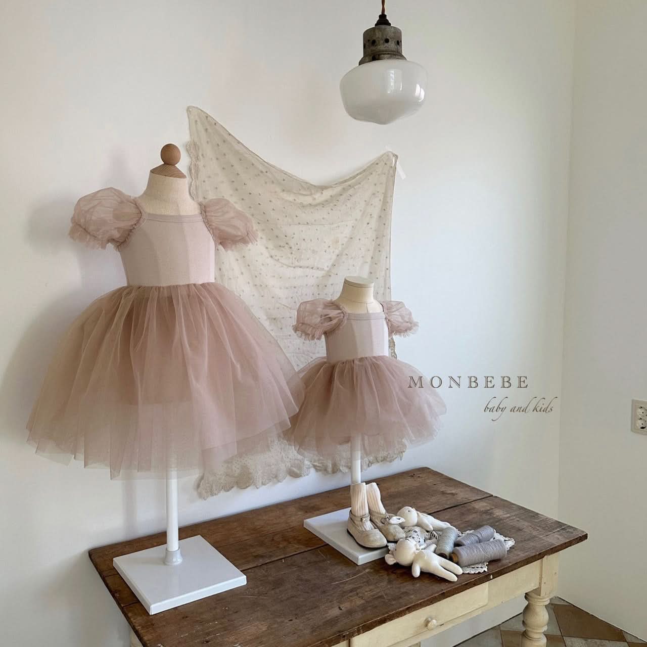 Baby Monbebe Short - Puff Sleeved Tutu Dress Romper (3 - 24m) - Beige Pink kids outfit