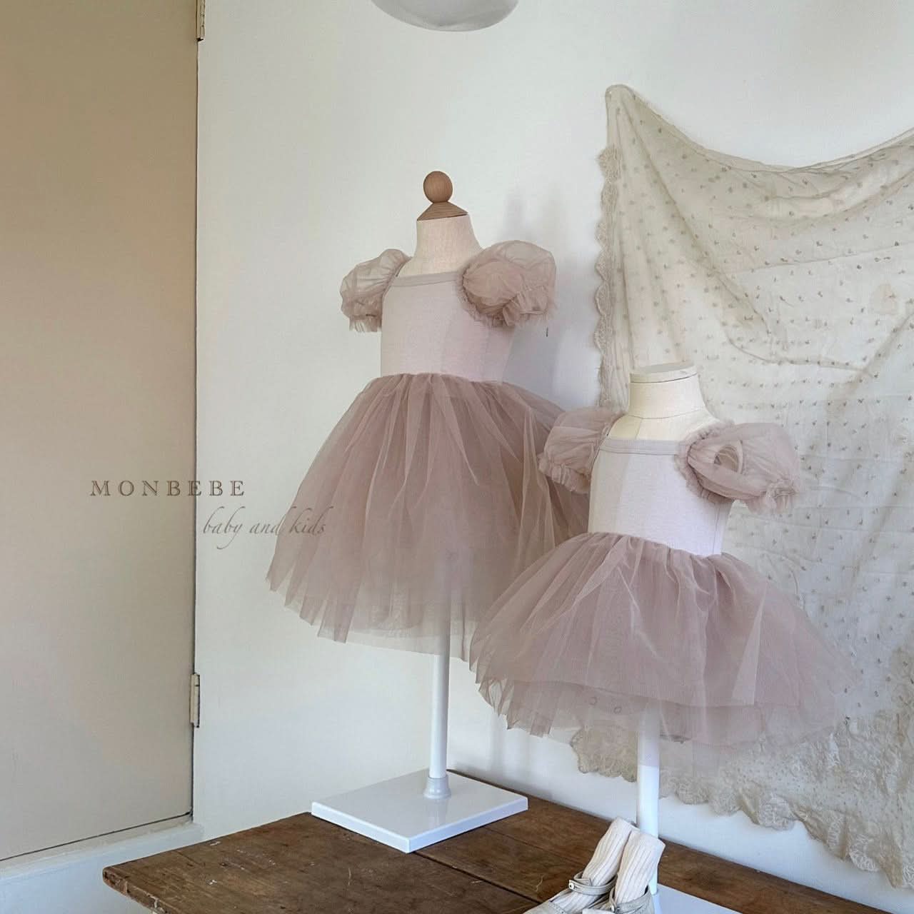Baby Monbebe Short - Puff Sleeved Tutu Dress Romper (3 - 24m) - Beige Pink kids outfit