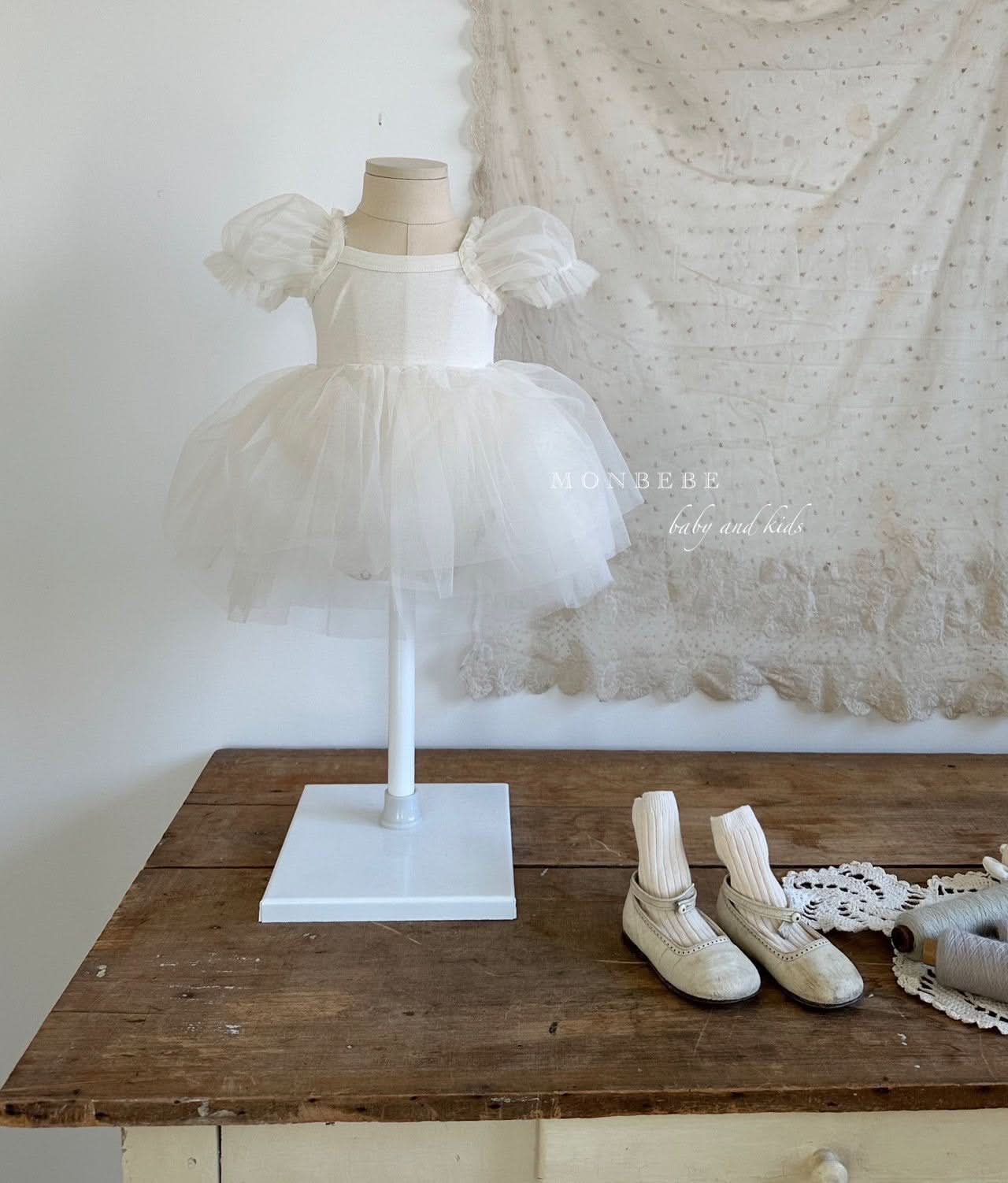 Baby Monbebe Short - Puff Sleeved Tutu Dress Romper (3 - 24m) - Ivory kids outfit
