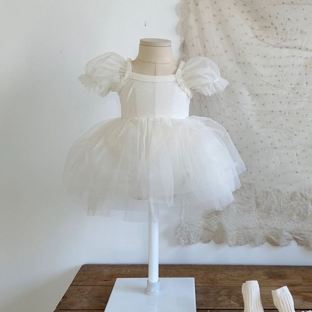 Baby Monbebe Short - Puff Sleeved Tutu Dress Romper (3 - 24m) - Ivory kids outfit