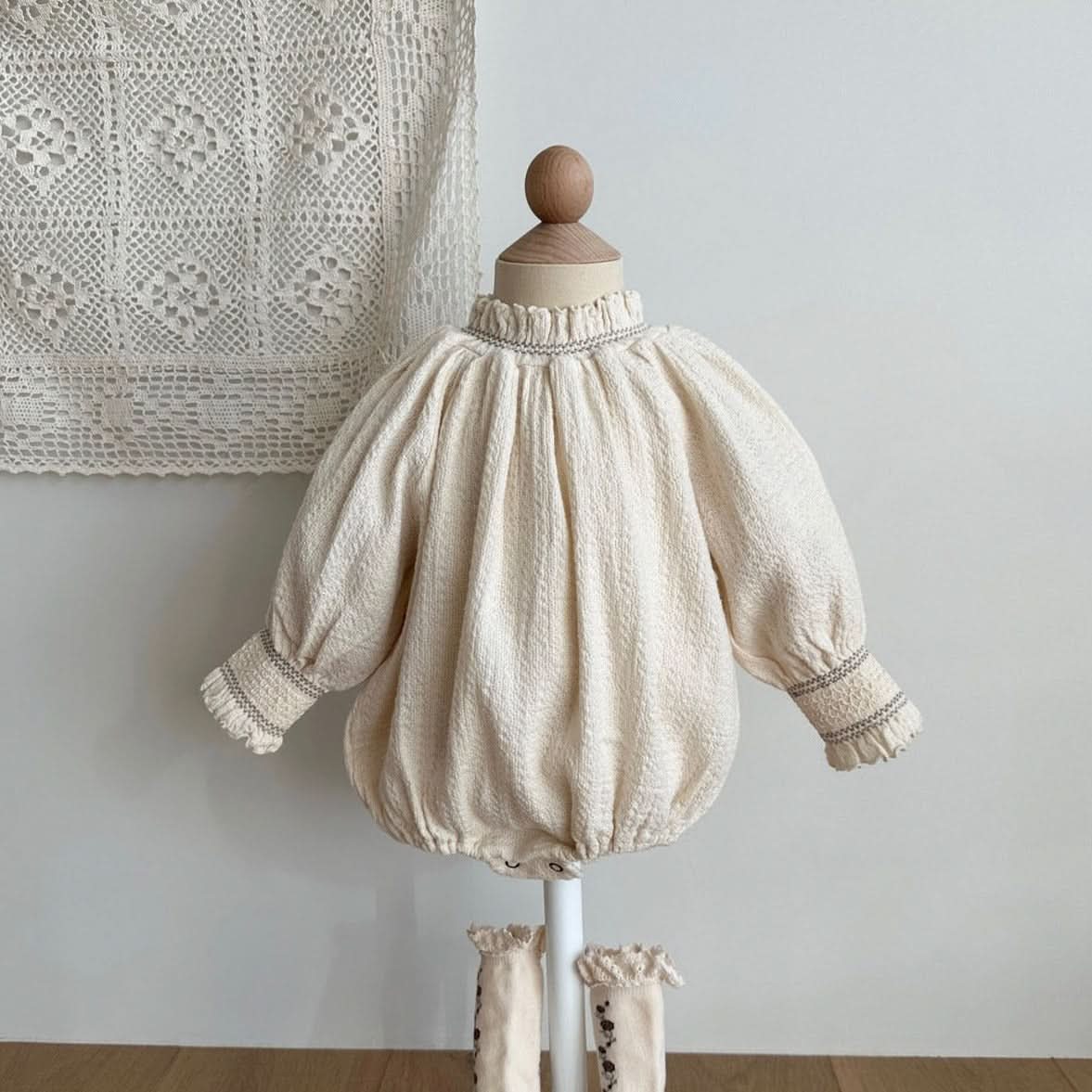Baby Monbebe Smocked Balloon Sleeve Romper (3 - 24m) - Cream kids outfit