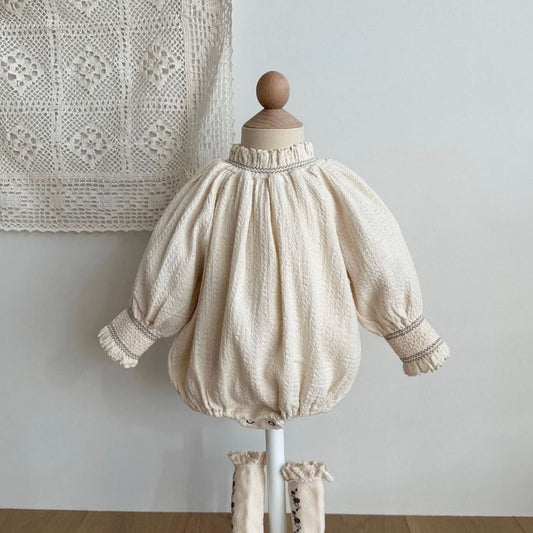 Baby Monbebe Smocked Balloon Sleeve Romper (3 - 24m) - Cream kids outfit