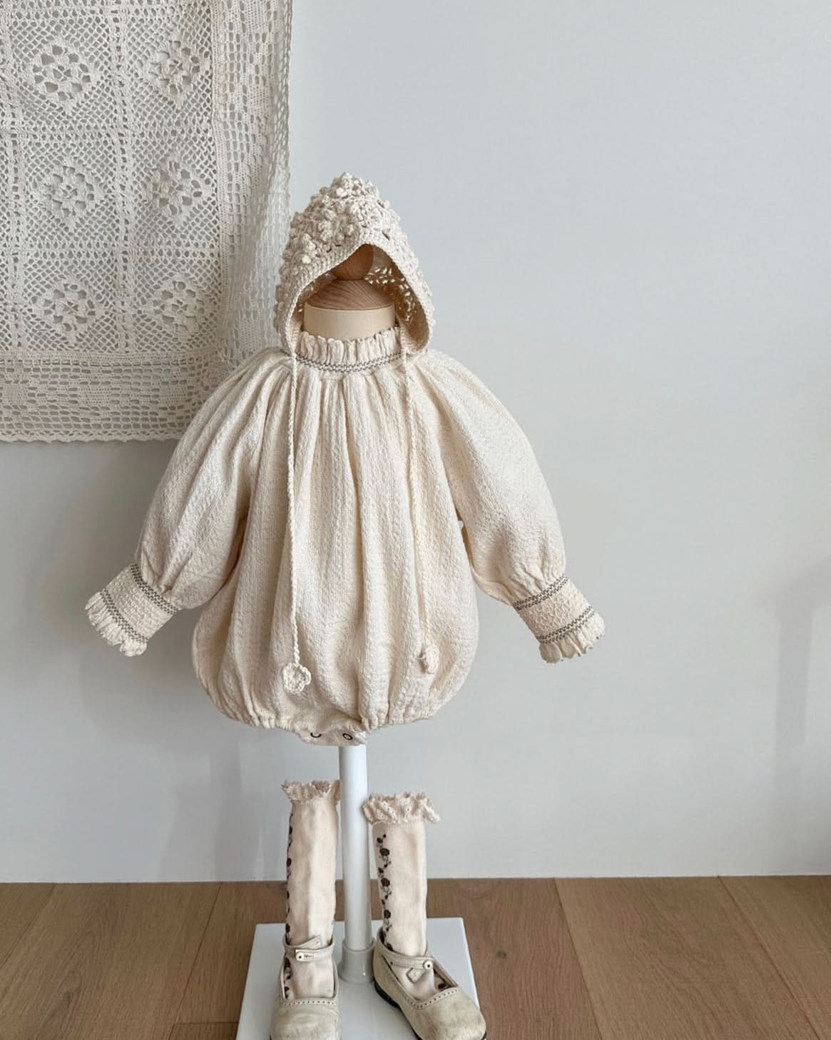 Baby Monbebe Smocked Balloon Sleeve Romper (3 - 24m) - Cream kids outfit