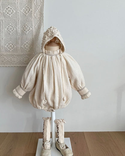 Baby Monbebe Smocked Balloon Sleeve Romper (3 - 24m) - Cream kids outfit