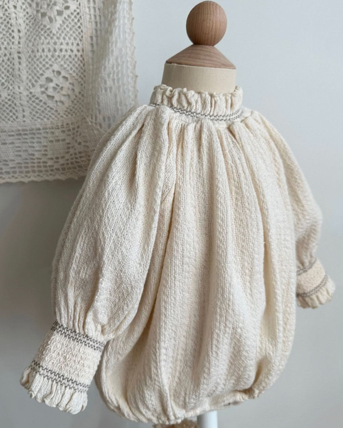 Baby Monbebe Smocked Balloon Sleeve Romper (3 - 24m) - Cream kids outfit