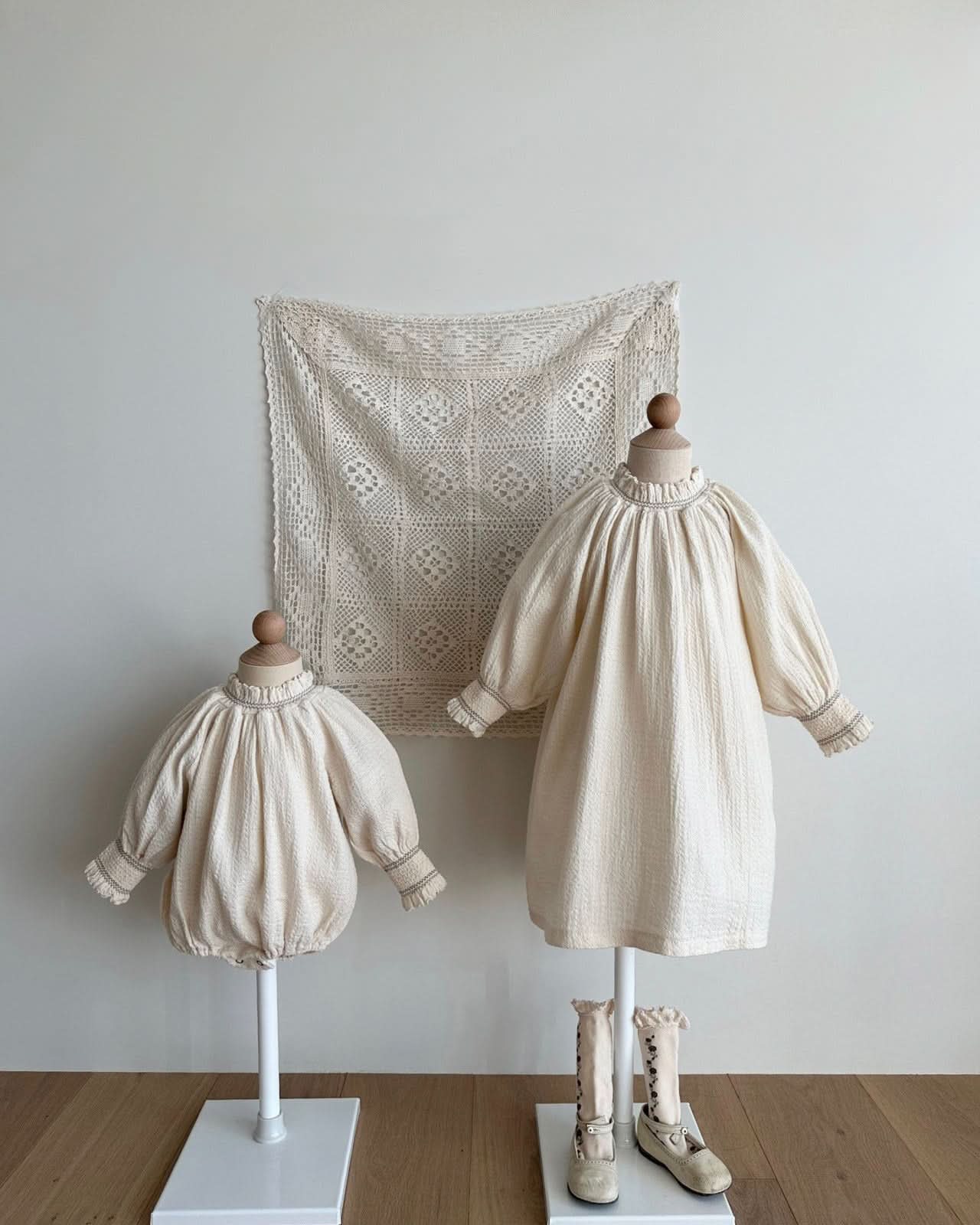 Baby Monbebe Smocked Balloon Sleeve Romper (3 - 24m) - Cream kids outfit