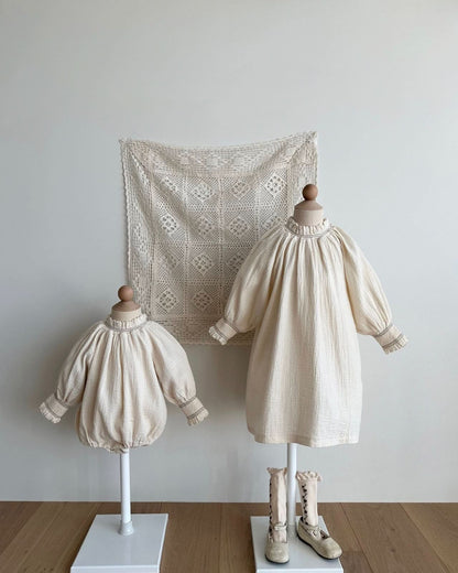 Baby Monbebe Smocked Balloon Sleeve Romper (3 - 24m) - Cream kids outfit