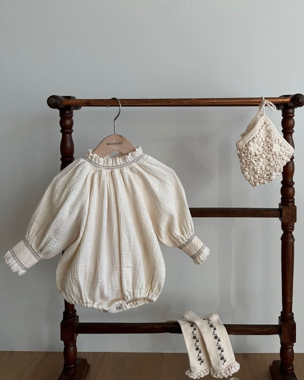 Baby Monbebe Smocked Balloon Sleeve Romper (3 - 24m) - Cream kids outfit
