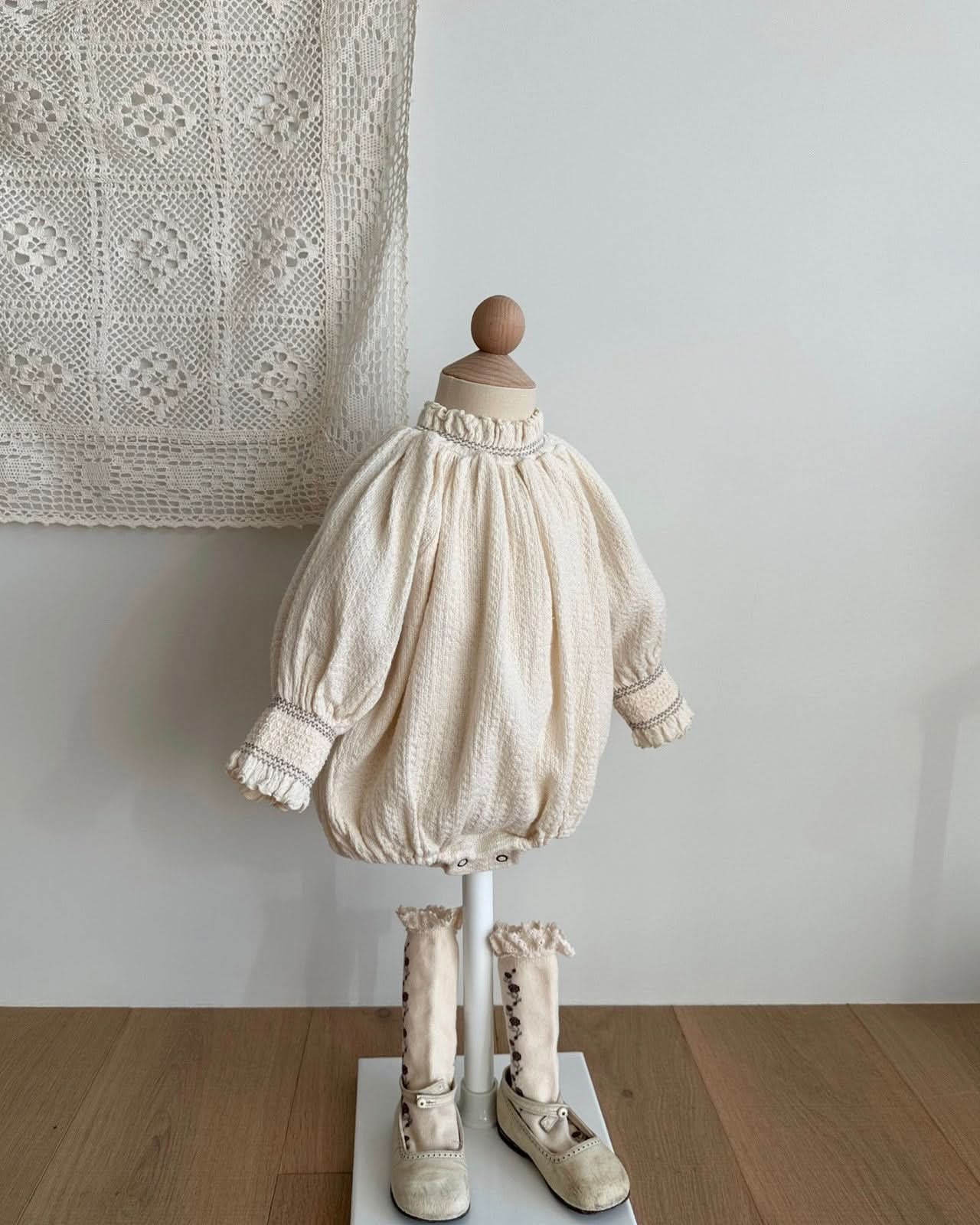 Baby Monbebe Smocked Balloon Sleeve Romper (3 - 24m) - Cream kids outfit