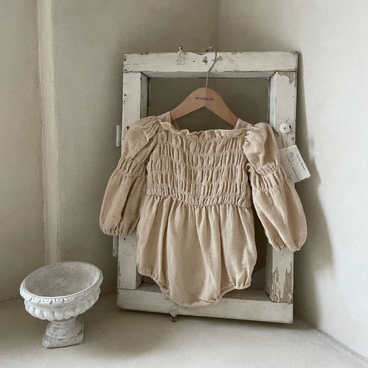 Baby Monbebe Smocked Bodice Bubble Romper (3 - 24m) - Beige kids outfit