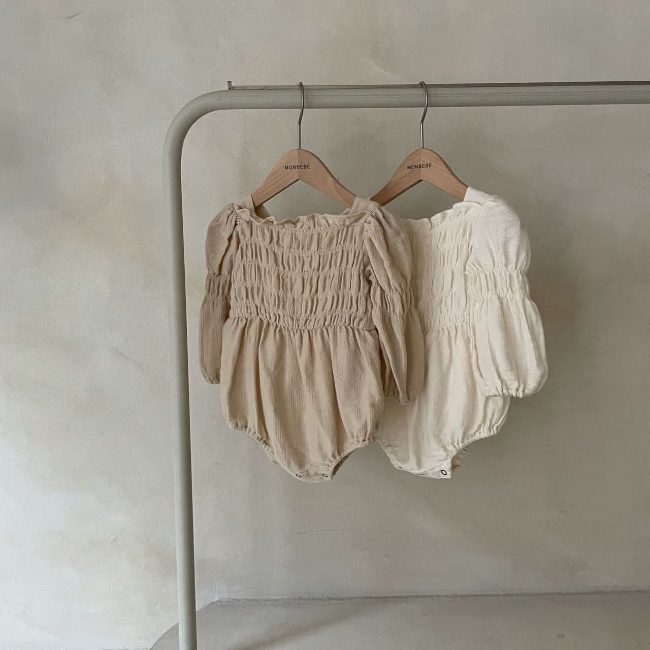 Baby Monbebe Smocked Bodice Bubble Romper (3 - 24m) - Beige kids outfit