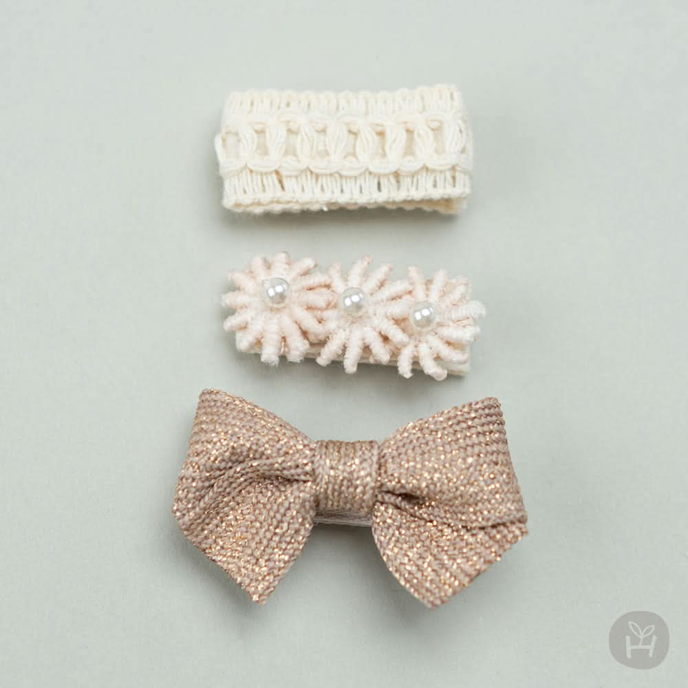 Baby Pearl Flower, Bow , Crochet Hair Clip Set (3pk) kids outfit