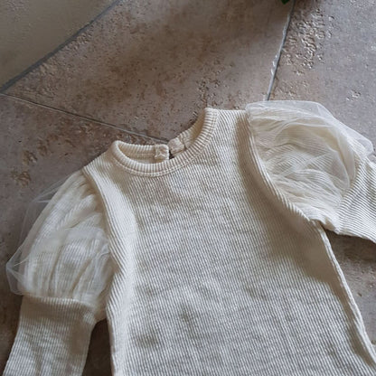 Baby Puff Sleeve Ribbed Top (6 - 12m) - Ivory kids outfit