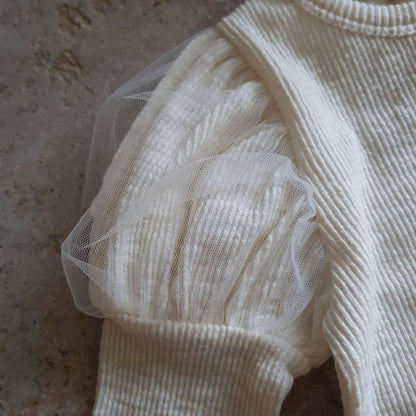 Baby Puff Sleeve Ribbed Top (6 - 12m) - Ivory kids outfit