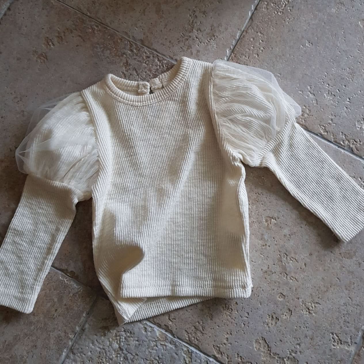 Baby Puff Sleeve Ribbed Top (6 - 12m) - Ivory kids outfit