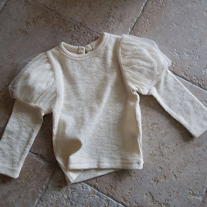 Baby Puff Sleeve Ribbed Top (6 - 12m) - Ivory kids outfit