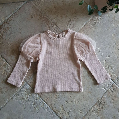 Baby Puff Sleeve Ribbed Top (6 - 12m) - Pink kids outfit
