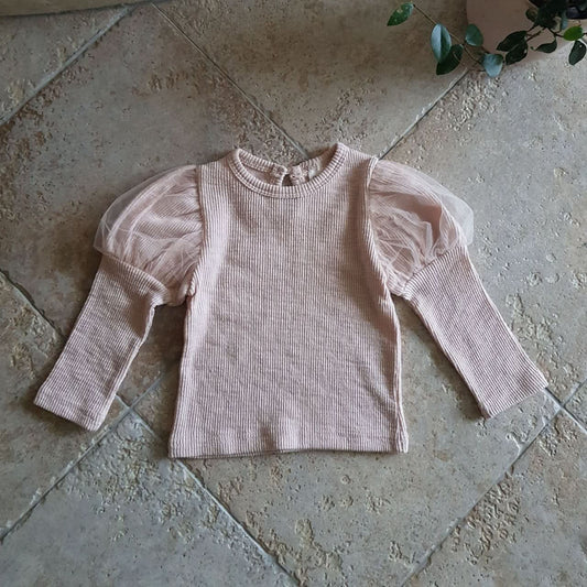 Baby Puff Sleeve Ribbed Top (6 - 12m) - Pink kids outfit