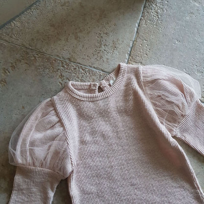 Baby Puff Sleeve Ribbed Top (6 - 12m) - Pink kids outfit