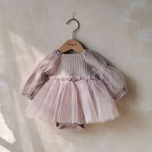 Baby Puff Sleeve Tutu Dress Romper (3 - 18m) - Beige Pink kids outfit