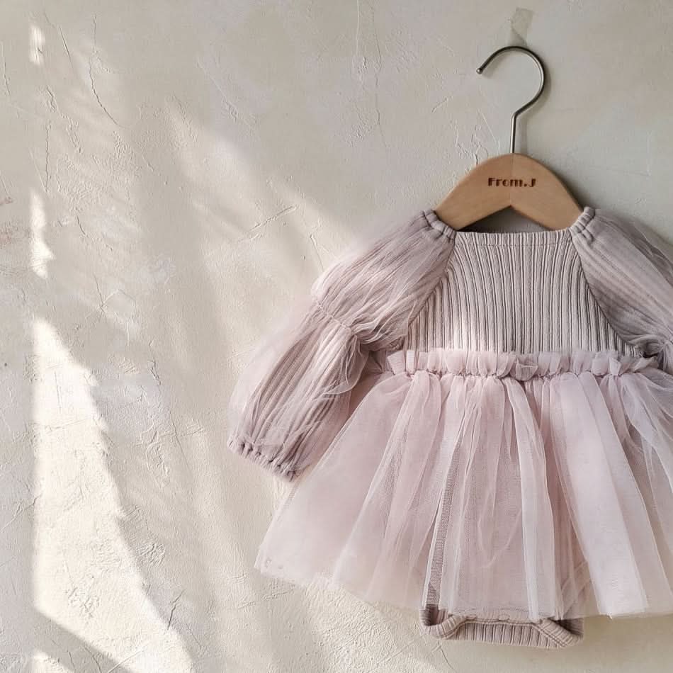 Baby Puff Sleeve Tutu Dress Romper (3 - 18m) - Beige Pink kids outfit