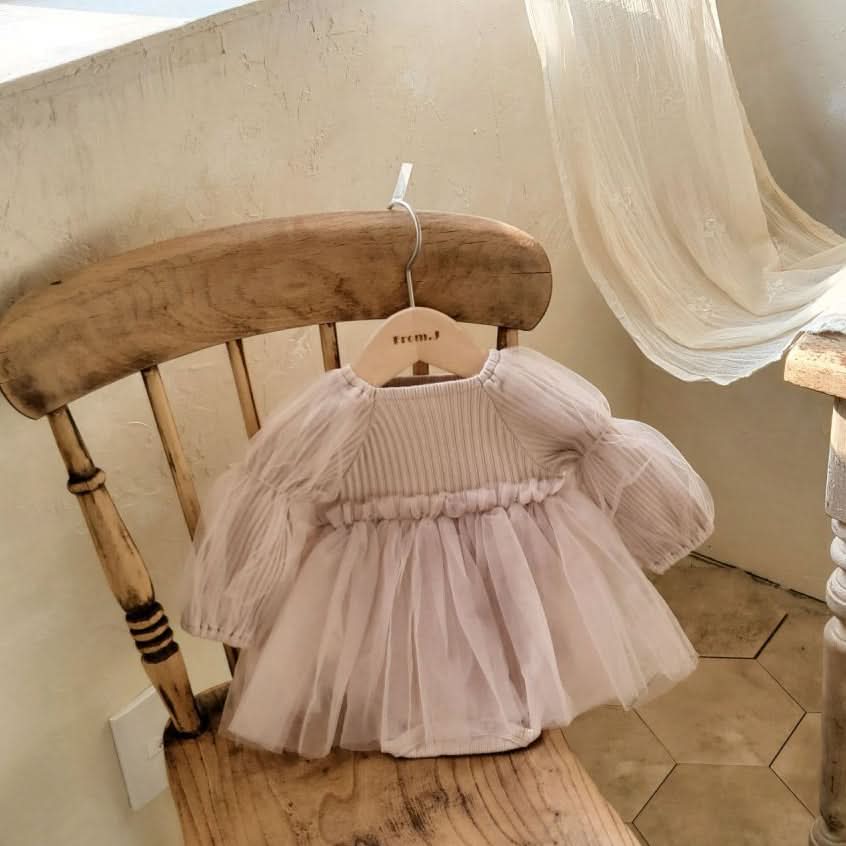 Baby Puff Sleeve Tutu Dress Romper (3 - 18m) - Beige Pink kids outfit