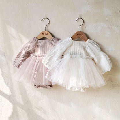 Baby Puff Sleeve Tutu Dress Romper (3 - 18m) - Cream kids outfit