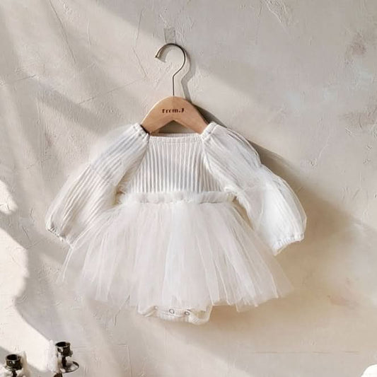 Baby Puff Sleeve Tutu Dress Romper (3 - 18m) - Cream kids outfit