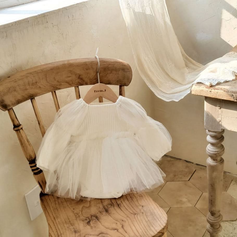 Baby Puff Sleeve Tutu Dress Romper (3 - 18m) - Cream kids outfit