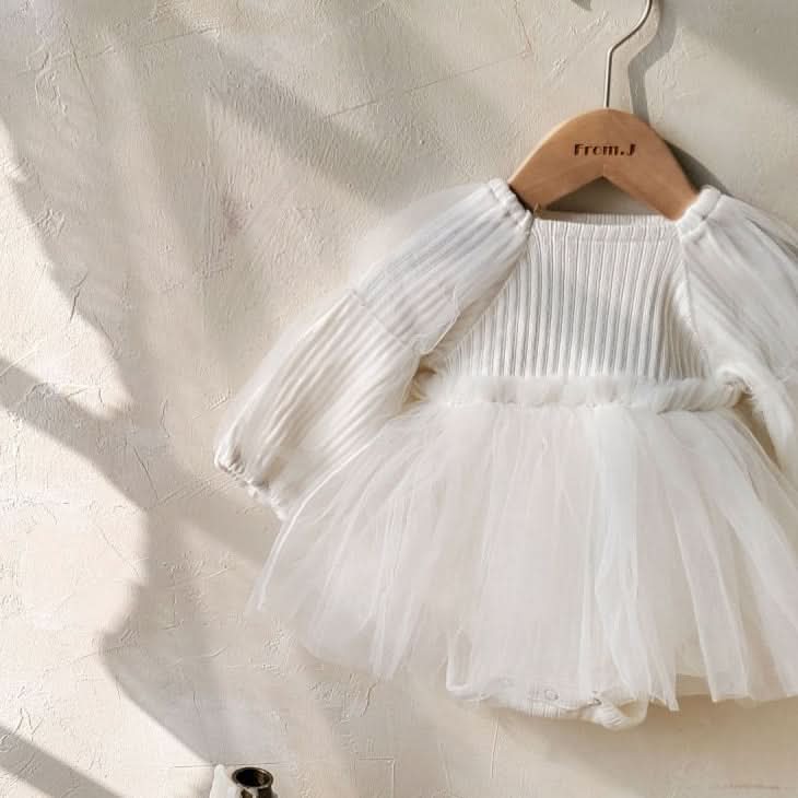 Baby Puff Sleeve Tutu Dress Romper (3 - 18m) - Cream kids outfit
