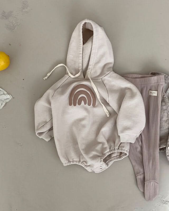 Baby Rainbow Print Hoodie Romper (3 - 18m) - Beige kids outfit