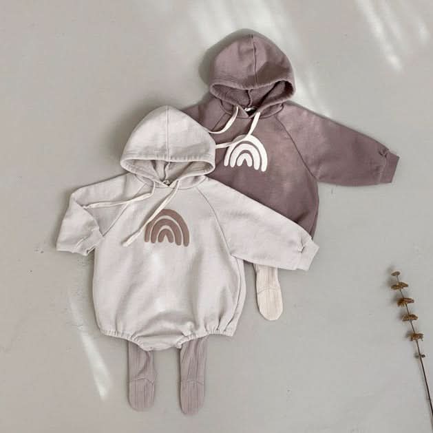 Baby Rainbow Print Hoodie Romper (3 - 18m) - Beige kids outfit
