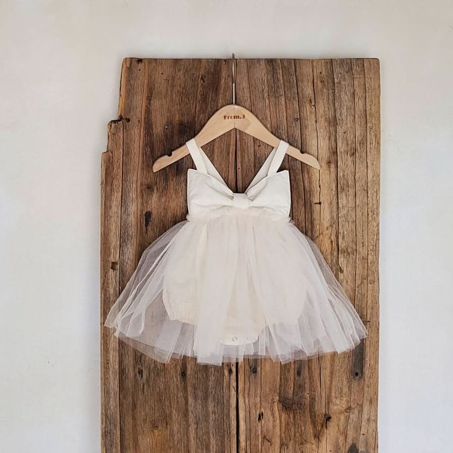 Baby Sleeveless Bow Tutu Dress Romper (3 - 18m) - Beige Ivory kids outfit